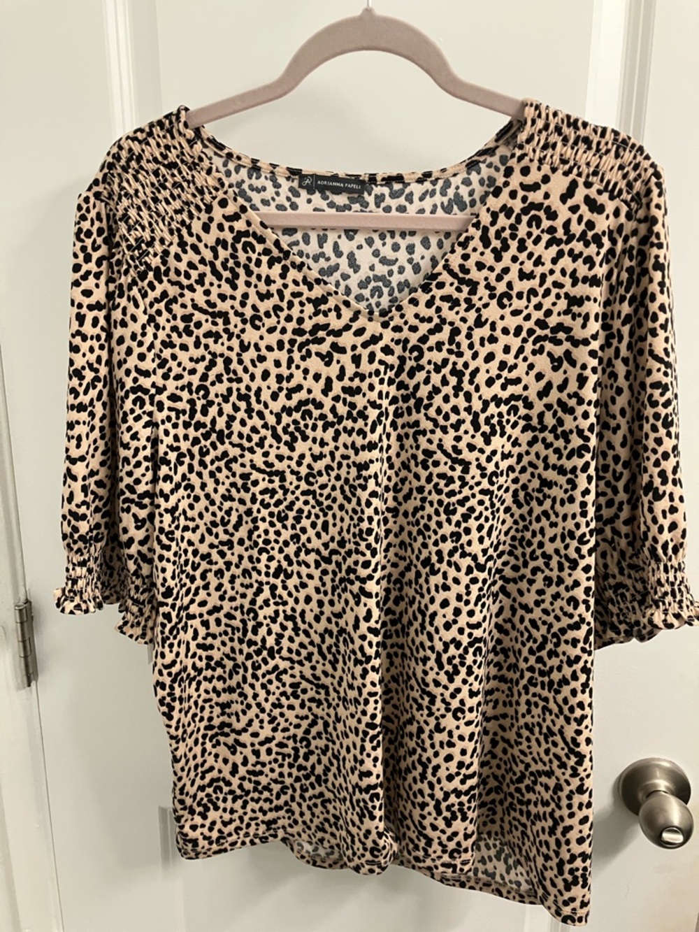 Adrianna Papell Beige and Black Leopard Print V-Neck Blouse